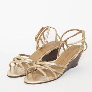 Caron Callahan Sandals Leather Gold Metallic Strappy Wedge Heel Estie